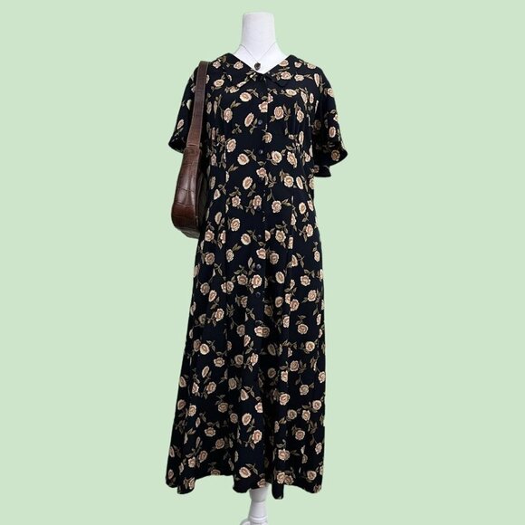 American Vintage Dresses & Skirts - black floral vintage 90s midi dress